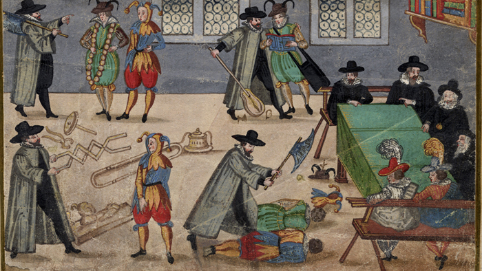  Målningen
visar hur nya studenter togs emot vid ett universitet på 1500-talet.
