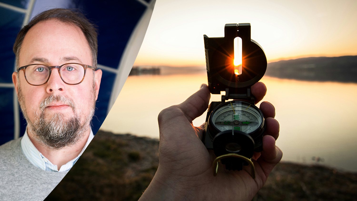 Montage med Erik Stattin och en hand som visar en kompass i solnedgång vid vatten.