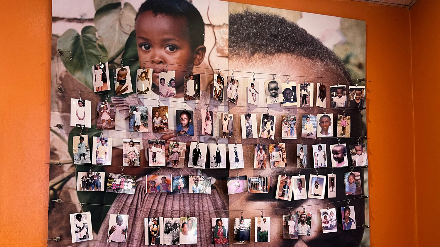 Rader av små fotografier av barn uppsatta på väggstora fotografier av två barnansikten.