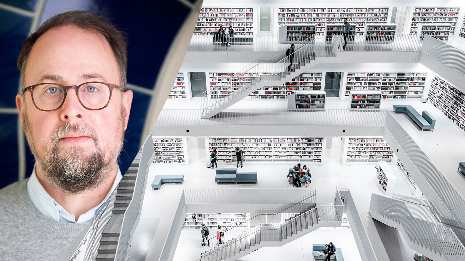 Montage med Erik Stattin och ett ljus och öppet bibliotekt i flera våningsplan. 