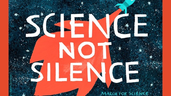 Konstverk med raket i rymden samt texten "science not silence"