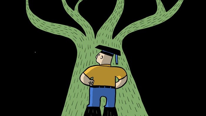 Tecknad bild av doktorand stående framför ett träd i formen av en väg.
