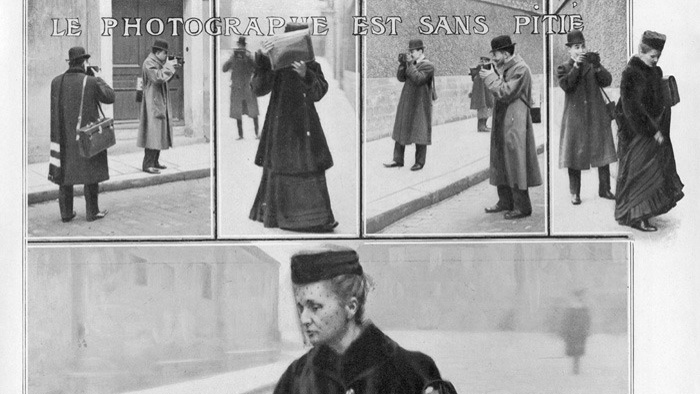 Kollage av svartvita bilder på Marie Curie i olika gatumiljöer.