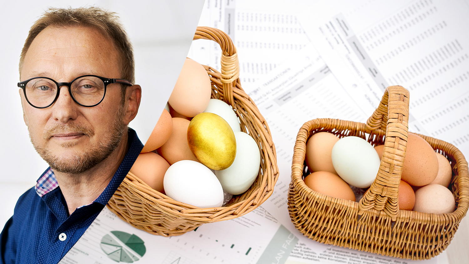 Montage av bild på Bengt Johansson och bild på två korgar med ägg.