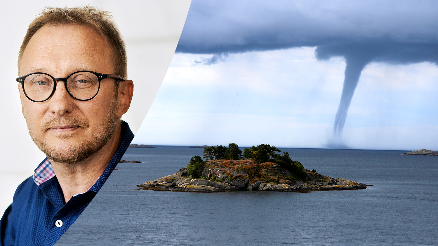 Montage med Bengt Johansson och entornado över vatten, nära en liten ö.