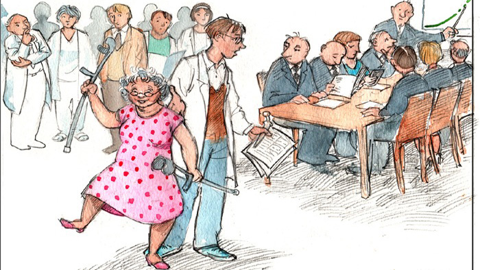 Tecknad bild som i förgrunden visar en läkare och en äldre dam som håller på att släppa sina kryckor.