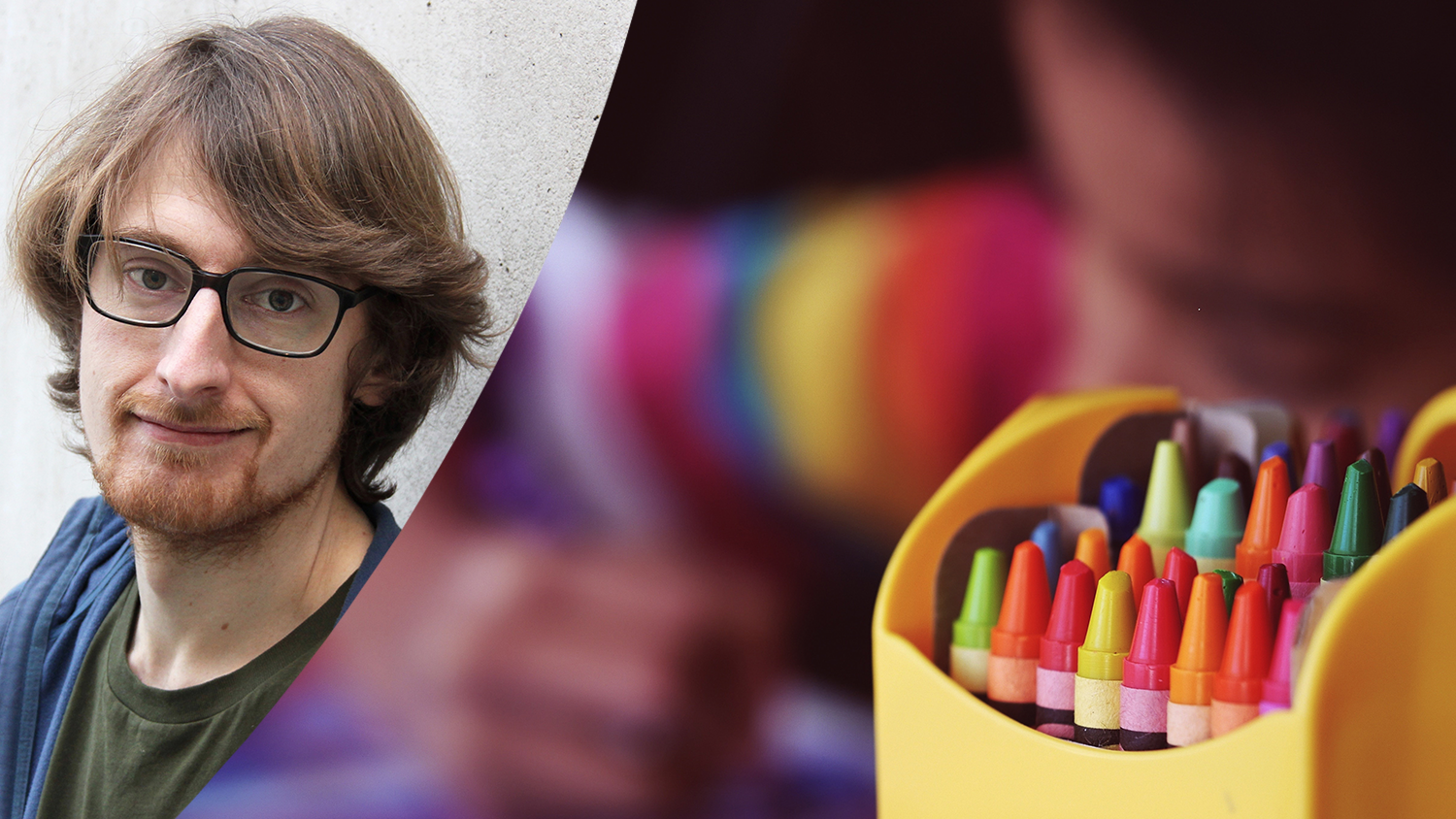 Montage med Kjell Vowles och  ask med färgkritor. I bakgrunden syns ett barn i färgglad  tröja som ritar.