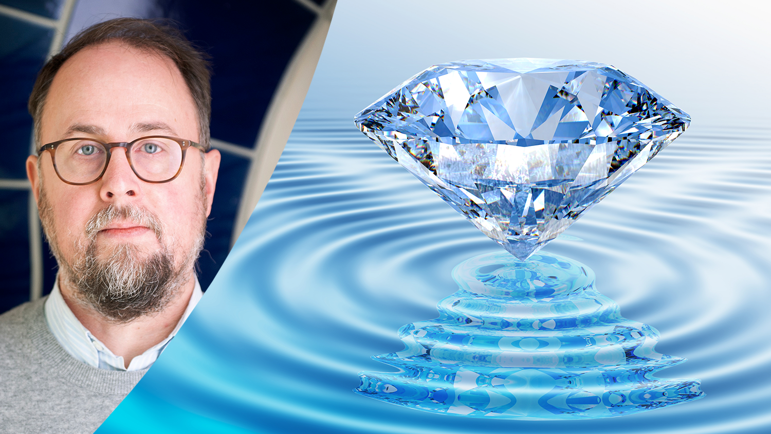 Montage med Erik Stattin och en diamant över blå vattenyta med ringar på vattnet.