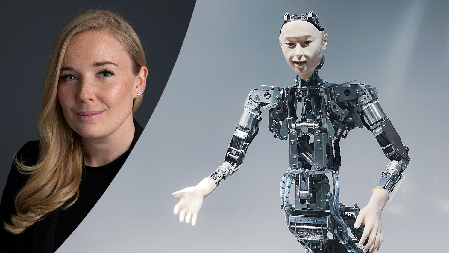 Montage med Annie LIndmark och en människoliknande robot.