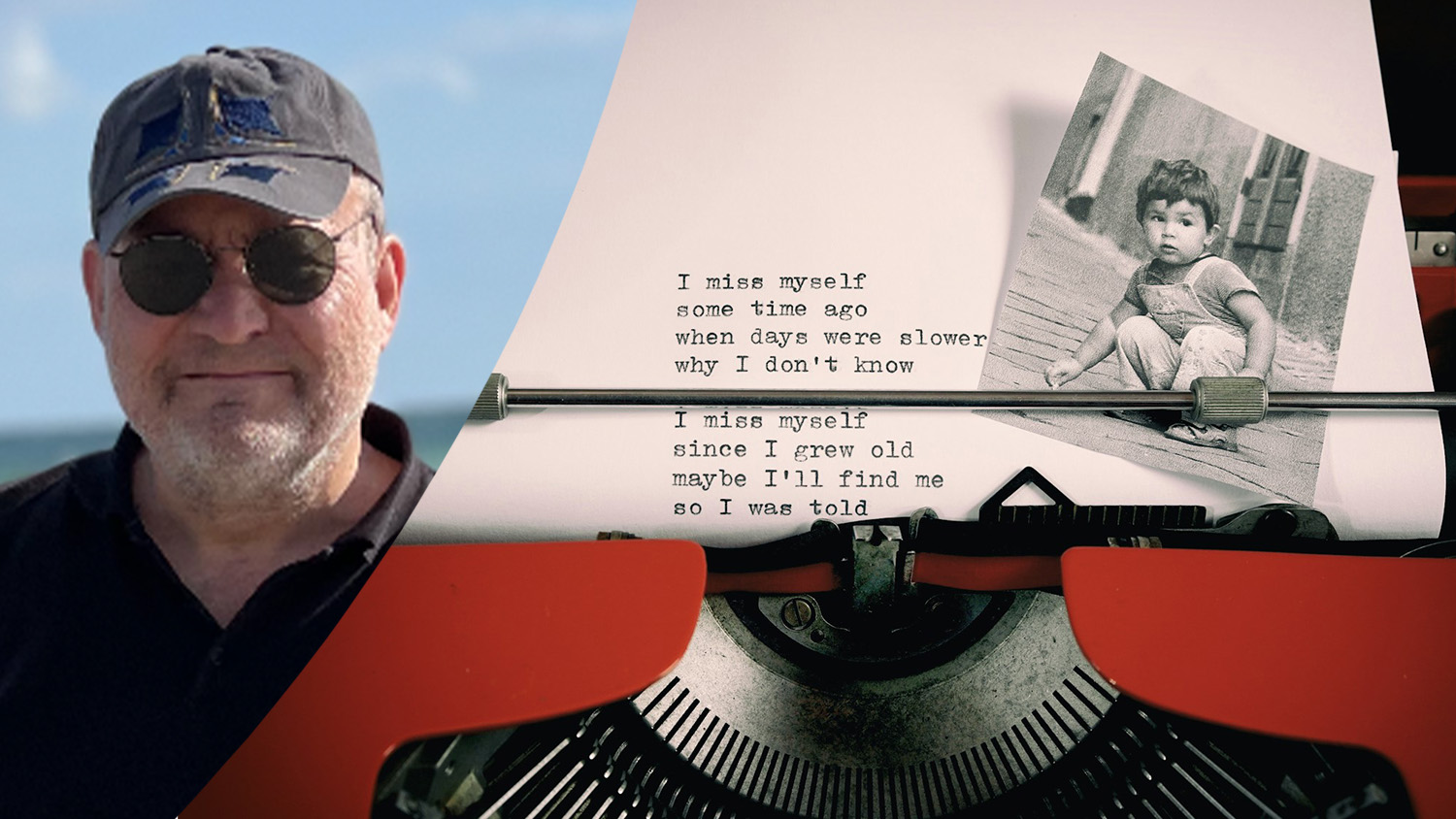 Montage med Johan Frostegård och en dikt skriven på ett papper i en röd skrivmaskin.
