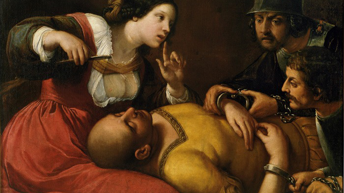 Historisk målning där två soldater lutar sig över man som igger ner i knät på kvinna.