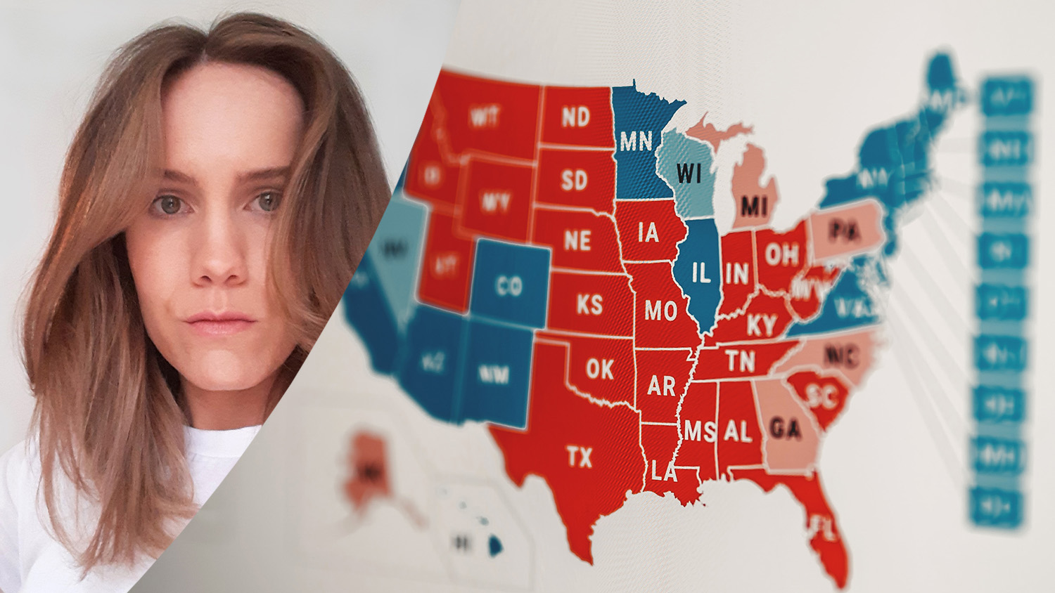 Montage med Julia Aspernäs och en grafik över USA som visar hur de olika delstaterna röstat. 