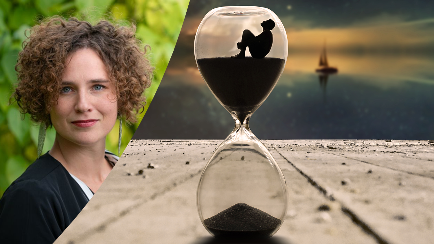 Montage av bild på Lisa Hellman och på timglas där man ser siluetten av en man i timglaset.