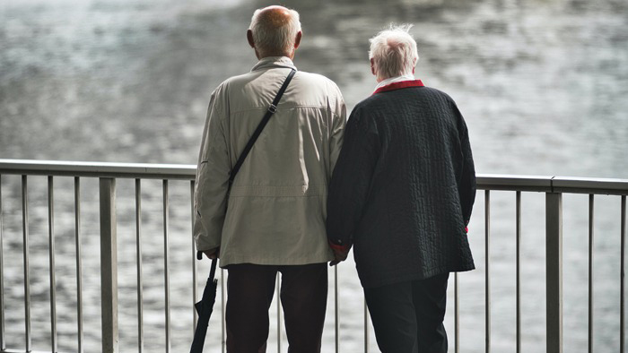 Ett äldre par håller hand och tittar ut över vatten. 