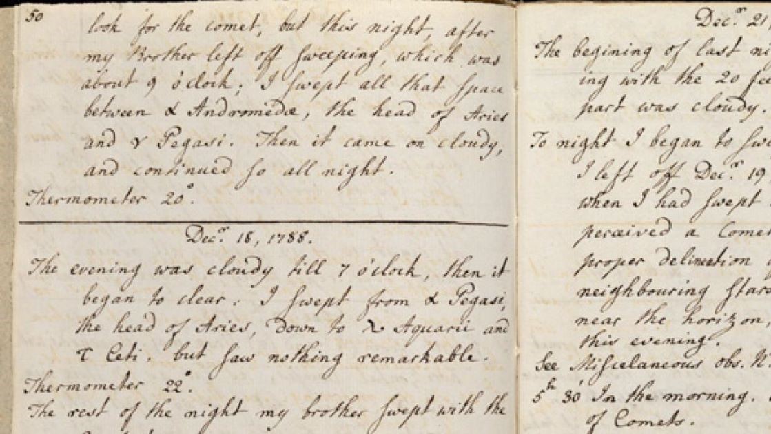 Anteckningar om upptäckt av komet skrivna av astronomen Caroline Herschels
