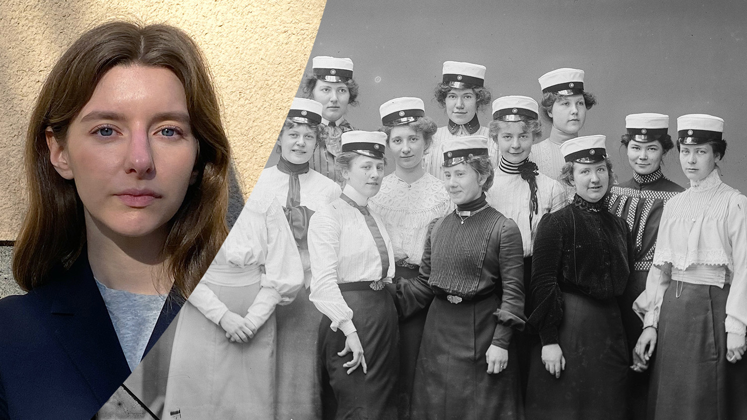 Montage med Rebecka Göransdotter och grupp av kvinnliga studenter. Bilden är tagen för ungefär hundra år sedan.