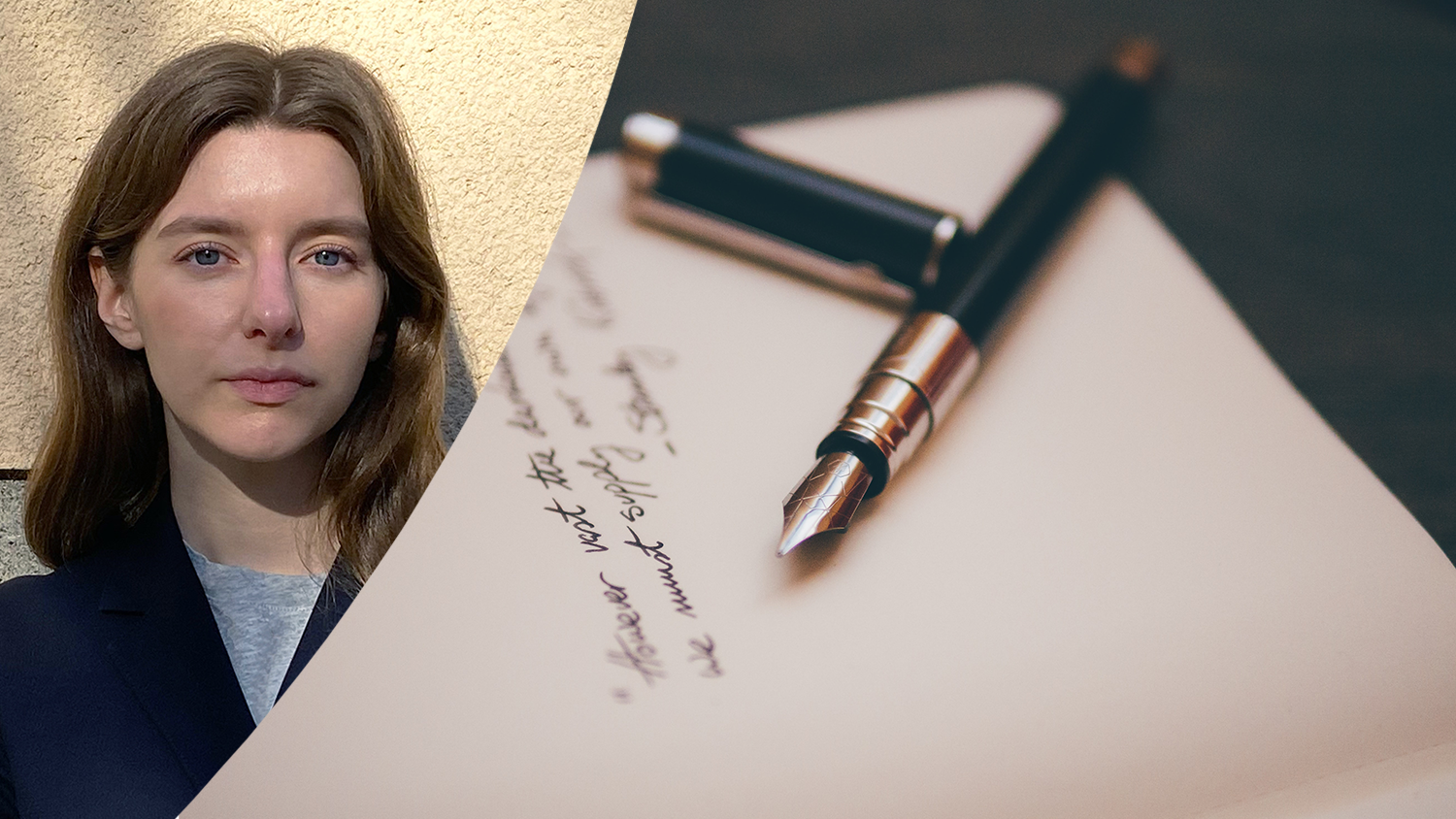 Montage med Rebecka Göransdotter och en reservoar penna på vitt papper med text