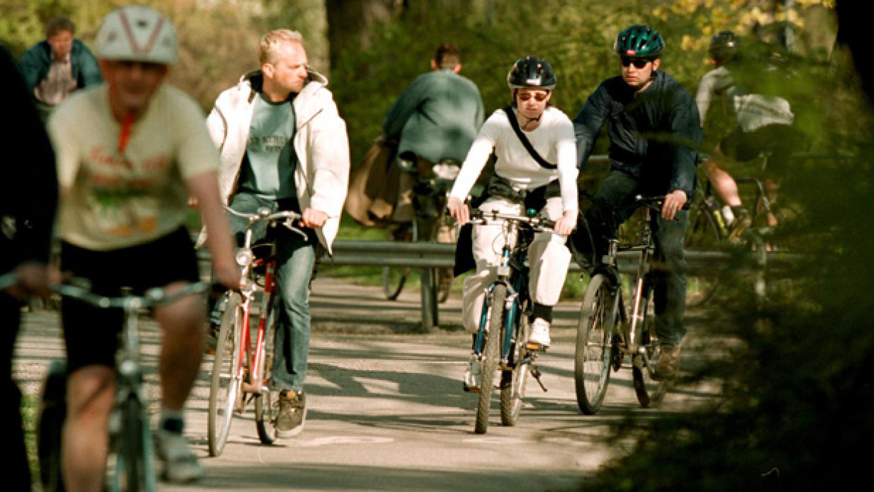 Fyra cyklister på cykelväg genom en park