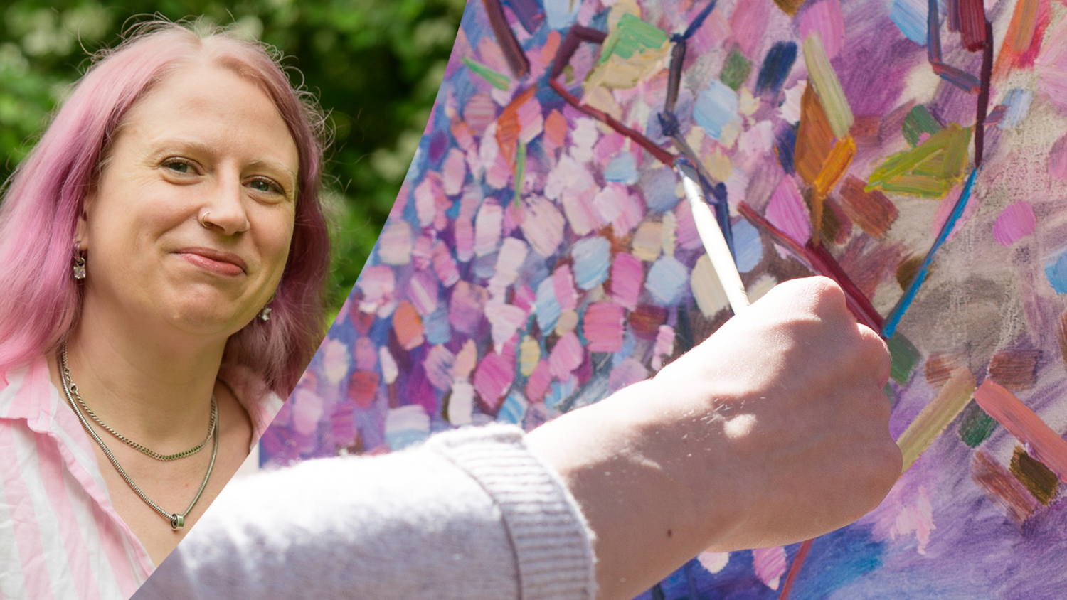 Montage Jessica Abbott  och  hand som målar akvarell i ljuslila färger